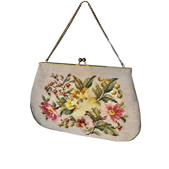 Vintage Needlepoint Floral Handbag Chain Handle Satin Lining - Picture 11 of 16